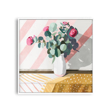 Load image into Gallery viewer, painting of pink flowers on an ochre table cloth