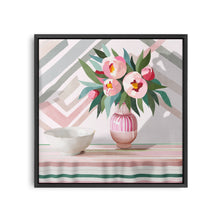 Load image into Gallery viewer, pink peonies art print in pink striped vase with abstract pink and grey striped background
