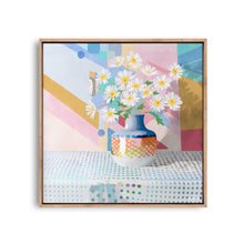 Load image into Gallery viewer, painting of a vase of daisys on a polka dot table cloth, with a colourful abstracted background