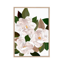 Load image into Gallery viewer, Magnolia artwork of three magnolias nestled in a timber frame