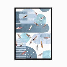Load image into Gallery viewer, Paper print of an abstracted surfing scene framed in a black frame