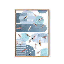 Load image into Gallery viewer, Framed canvas print of an abstracted surfing scene