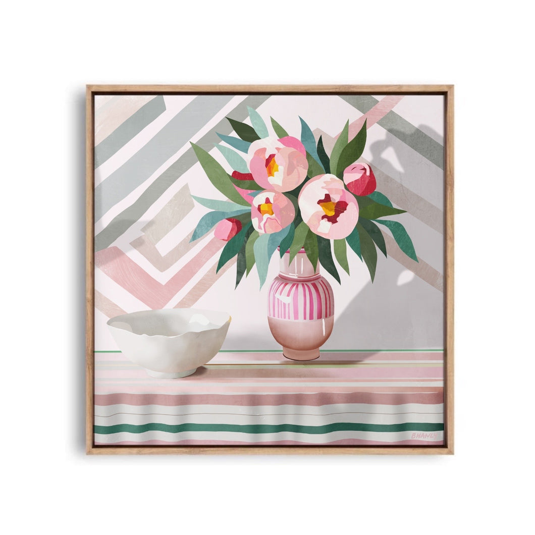a print of pink peonies in a pink striped vase with a pink striped background