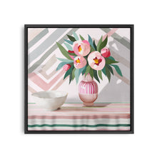 Load image into Gallery viewer, pink peonies art print in pink striped vase with abstract pink and grey striped background
