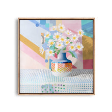 Load image into Gallery viewer, painting of a vase of daisys on a polka dot table cloth, with a colourful abstracted background
