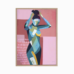 Pink and Blue abstracted figure in timber frame