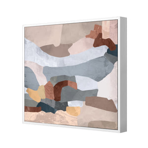 Abstract print of colour blocking grey, browns and dirty pinks with a painterly texture framed in a white frame