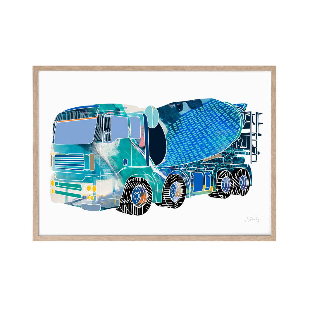 Boys cement mixer print in timber frame  Edit alt text