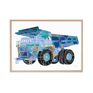 Construction dump truck print in a timber frame