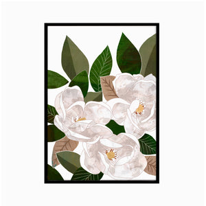 Hand painted magnolia print in a black frame