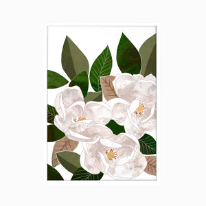 Hand painted magnolia print in a white frame
