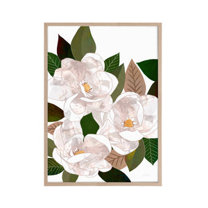Magnolia artwork of three magnolias nestled in a timber frame