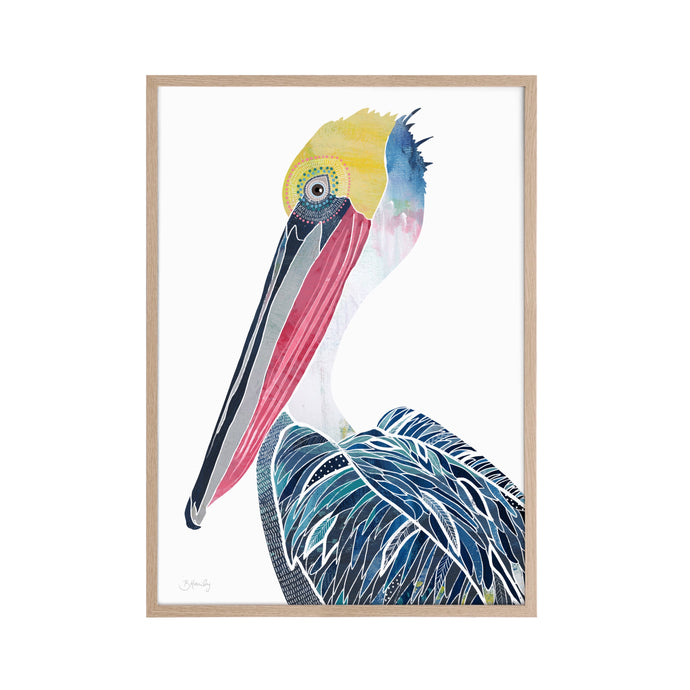 Pelican bird art print in timber frame