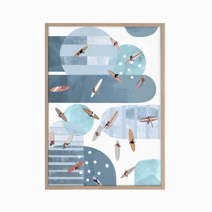 Paper print of an abstracted surfing scene framed in a timber frame