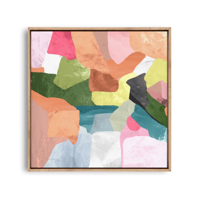 Colourful abstract artwork in a floating natural oak frame