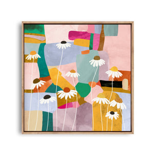 Colourful abstract painting with daisies in forefront